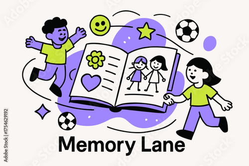 Childhood Memories Scrapbook. Documenting childhood friendships. Abstract glowing scrapbook with floating