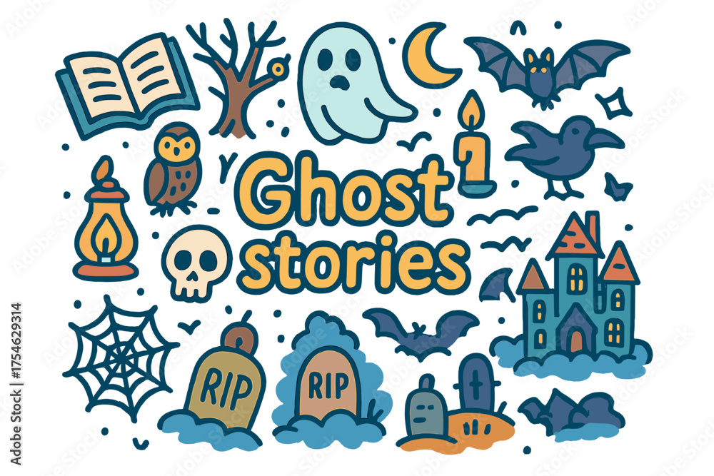 Fototapeta premium Spooky Ghost Tales. Ghost stories. Hand-drawn doodle illustration of Ghost stories. Open book, ghost, candle,