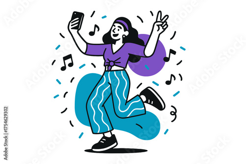 Vibrant Festival Celebration. Festival Look. A blogger lifts their phone, dancing in colorful clothes with