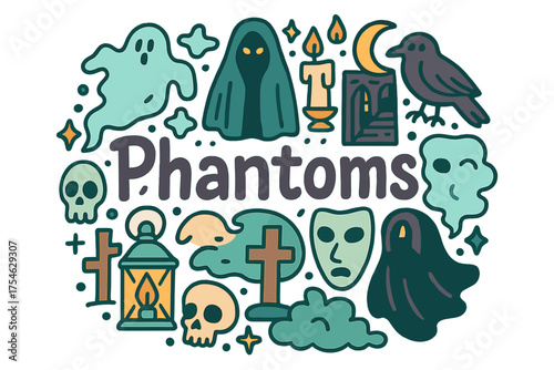 Doodle Phantoms Scene. Phantoms. Hand-drawn doodle illustration of Phantoms. Misty ghost, spooky cloak, candle