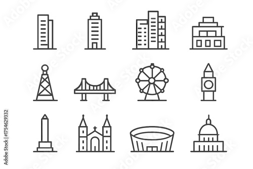 City Skyline Icons. City skyline. Line outline icon set of City skyline: skyscraper, office tower, high-rise