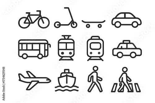 Urban Mobility Icons. Urban mobility. Line outline icon set of Urban mobility: bicycle, scooter, skateboard,