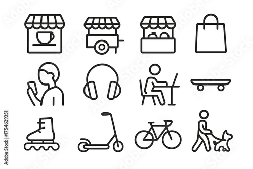Urban Lifestyle Icons. Urban lifestyle. Line outline icon set of Urban lifestyle: coffee shop, street food