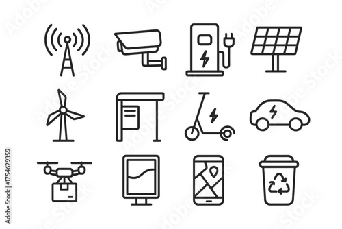 Smart City Icon Set. Smart city. Line outline icon set of Smart city: wifi tower, surveillance camera,