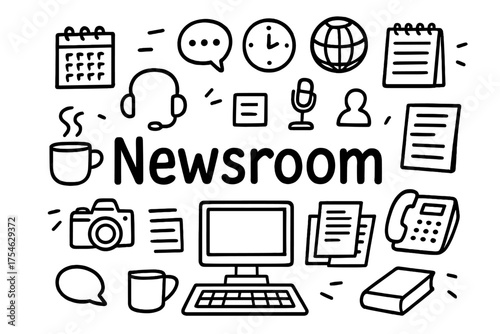 Doodle Newsroom Chaos. Newsroom. Hand-drawn doodle illustration of Newsroom. desk, computer monitor, keyboard,