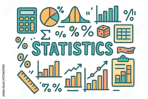 Colorful Doodle Statistics. Statistics. Hand-drawn doodle illustration of Statistics. Calculator, pie chart,
