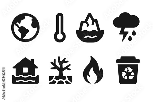 Climate Change Icons. Climate change. Filled icon set of Climate change: globe, thermometer, melting iceberg,