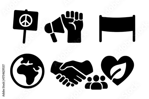 Environmental Action Icons. Environmental activism. Filled icon set of Environmental activism: protest sign,