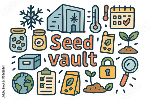 Seed Vault Doodle. Seed vault. Hand-drawn doodle illustration of Seed vault. Cold chamber, snowflake symbol,