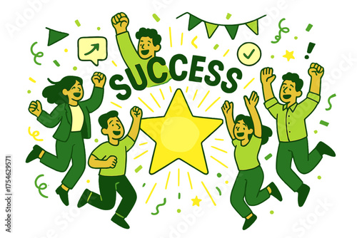 Team Victory Celebration. Celebrating wins. A team jumping in joy around a glowing giant star, confetti and