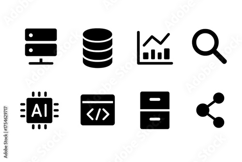 Data-Driven Icons Grid. Data-driven office. Filled icon set of Data-driven office: server, database, analytics