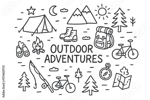 Outdoor Adventure Doodles. Outdoor Adventures. Hand-drawn doodle illustration of Outdoor Adventures. tent,