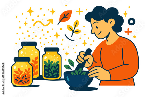 Glowing Herbal Alchemy. Herbal medicine. A table with glowing jars of dried herbs and a mortar and pestle