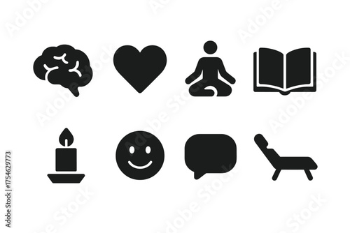 Mental Health Icons. Mental health. Filled icon set of Mental health: brain, heart, yoga pose, book, candle,