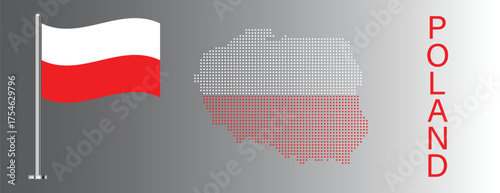 Minimalist grey background with dotted map of Poland and waving Polish flag, red and white colors symbolizing national identity, modern halftone pattern for official, tech, and educational visual desi