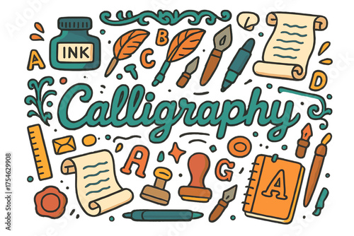 Calligraphy Doodle Illustration. Calligraphy. Hand-drawn doodle illustration of Calligraphy. Ink bottle, quill