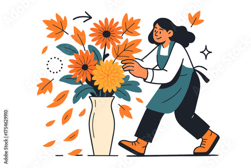 Autumn Floral Arrangement. Seasonal bouquet. A florist arranging glowing chrysanthemums, dahlias, and maple