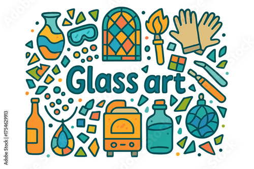Colorful Glass Art Doodle. Glass art. Hand-drawn doodle illustration of Glass art. Glass vase, stained glass