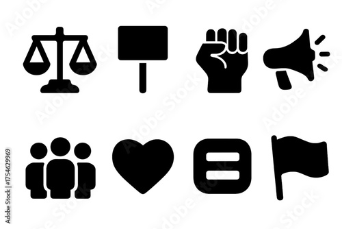 Social Justice Icons. Social justice. Filled icon set of Social justice: scales, protest sign, raised fist,