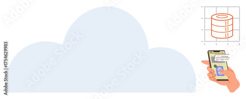 Large cloud shape, smartphone in hand showing cloud data access, and a database chart. Ideal for data management, cloud computing, storage, technology, analytics, server backup mobile solutions