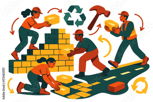 Recycled Construction Marvels. Construction reuse. Characters stacking glowing recycled mining byproducts into