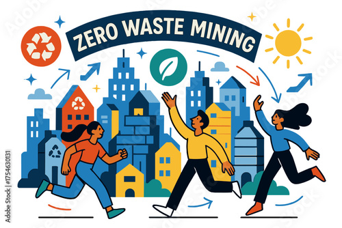 Eco-Friendly Future Cityscape. Future vision. A glowing city skyline with banners “Zero Waste Mining,”