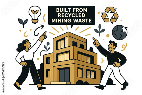 Sustainable Architectural Marvel. Eco-architecture. A glowing modern building labeled “Built from Recycled