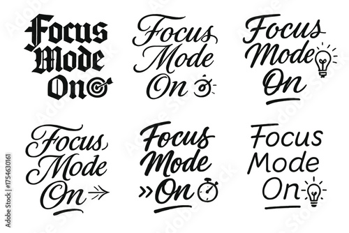 Dynamic Calligraphy Styles. Focus Mode On. Create a calligraphy lettering illustration of the phrase: Focus