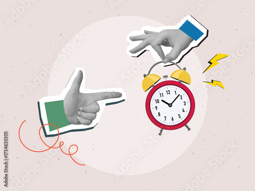 A hand points to a ringing red alarm clock. Modern collage style. Vector illustration