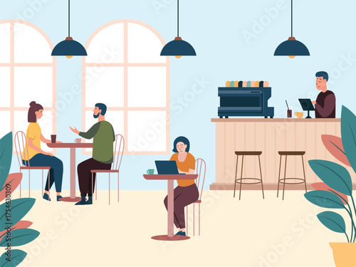 A modern cozy cafe with people and counter. Flat vector illustration isolated on white background
