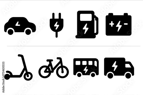 Electric Mobility Icons. Electric mobility. Filled icon set of Electric mobility: electric car, charging plug,