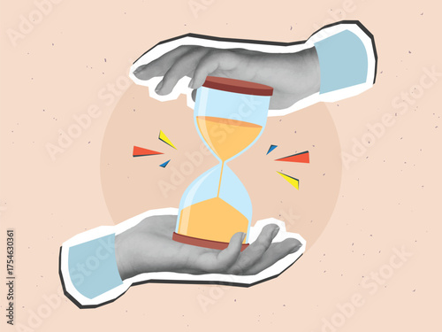 Black and white hands holding a sandglass with sand. Modern collage style. Vector illustration