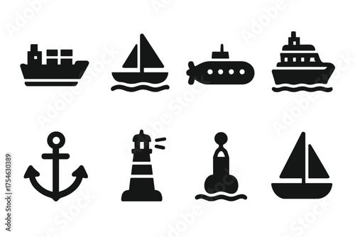 Maritime Icon Set. Maritime transport. Filled icon set of Maritime transport: cargo ship, yacht, submarine,