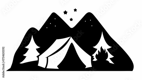Illustration of a tent with mountains and stars in the background with trees and a campfire scene design