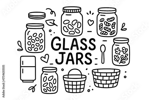 Hand-Drawn Glass Jars. Glass Jars. Hand-drawn doodle illustration of Glass Jars. mason jar, lid, grains, beans