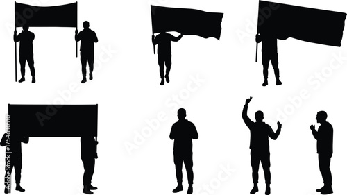 Protest silhouette, flag holding, public demonstration, activist pose, leadership stance, social movement, communication act, crowd figure, flat vector illustration