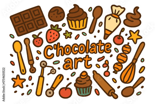 Chocolate Art Doodles. Chocolate art. Hand-drawn doodle illustration of Chocolate art. Chocolate bar, truffle,