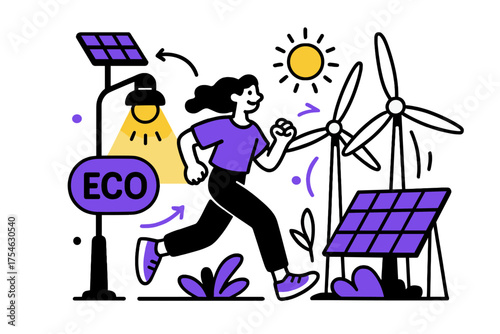 Eco-Friendly Energy Scene. Green energy. A glowing streetlight powered by solar panels and wind turbines