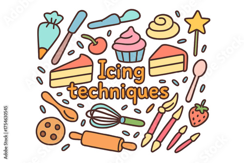 Colorful Icing Illustration. Icing techniques. Hand-drawn doodle illustration of Icing techniques. Piping bag,