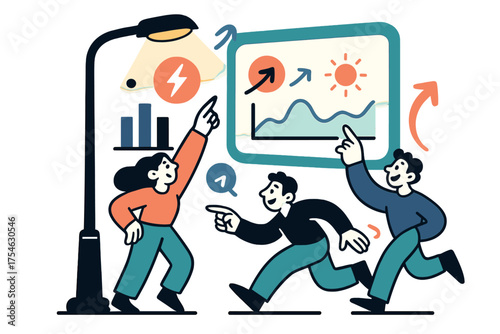 Smart Streetlight Visualization. Data-driven lighting. A glowing dashboard floating beside a smart streetlight