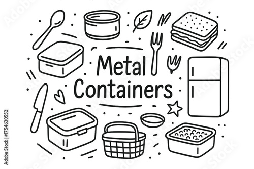 Doodle Metal Containers. Metal Containers. Hand-drawn doodle illustration of Metal Containers. tin box, lunch