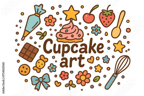 Cupcake Art Doodles. Cupcake art. Hand-drawn doodle illustration of Cupcake art. Cupcake with frosting, piping