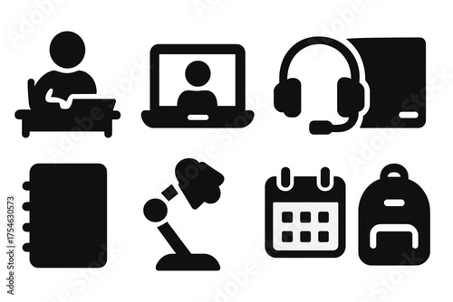 Remote Learning Icons. Remote students. Filled icon set of Remote students: child at desk, laptop, headset,
