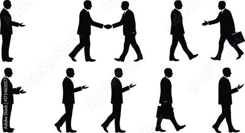 Business silhouette, professional gesture, handshake pose, office interaction, corporate communication, leadership stance, teamwork act, workplace success, flat vector illustration