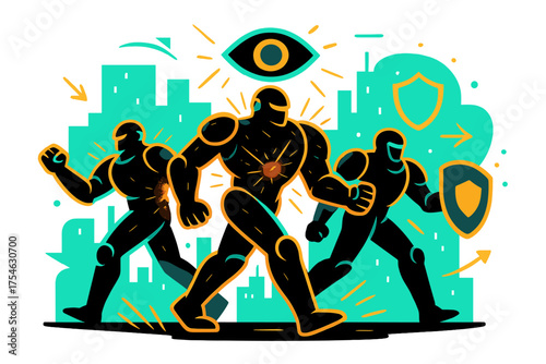 Neon Robot Patrol. Neon guardians. Towering glowing robots patrolling futuristic streets, floating shield and