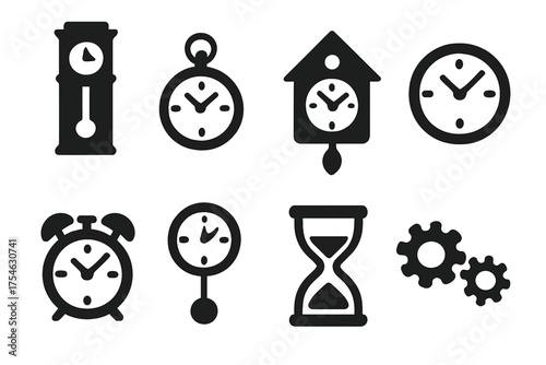 Vintage Clock Icons. Vintage clocks. Filled icon set of Vintage clocks: grandfather clock, pocket watch,