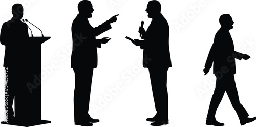 Public speaking silhouette, communication pose, debate figure, presentation speech, leadership stance, interview act, professional role, flat vector illustration