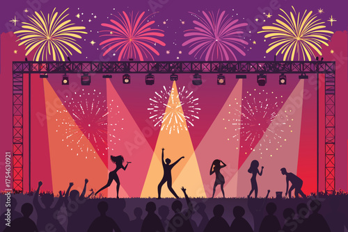 Silhouetted performers dance on stage with fireworks above the crowd.