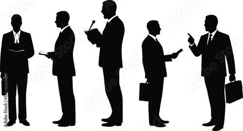 Business silhouette, professional pose, office worker, corporate attire, leadership stance, teamwork concept, presentation speech, career success, flat vector illustration