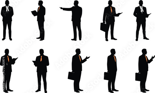 Business silhouette, professional pose, office worker, corporate attire, leadership stance, teamwork concept, manager figure, career success, flat vector illustration